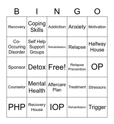 Recovery Bingo Card