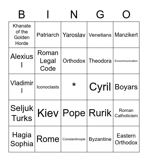 Byzantine Bingo Card