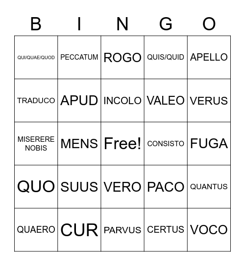 Latin 25-29 Bingo Card