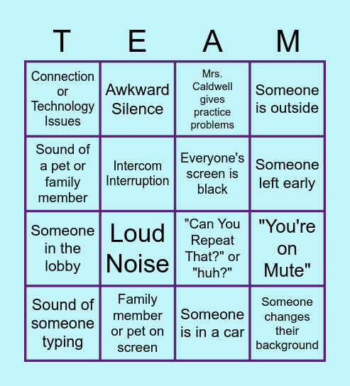 TEAMS Meetings Bingo Card