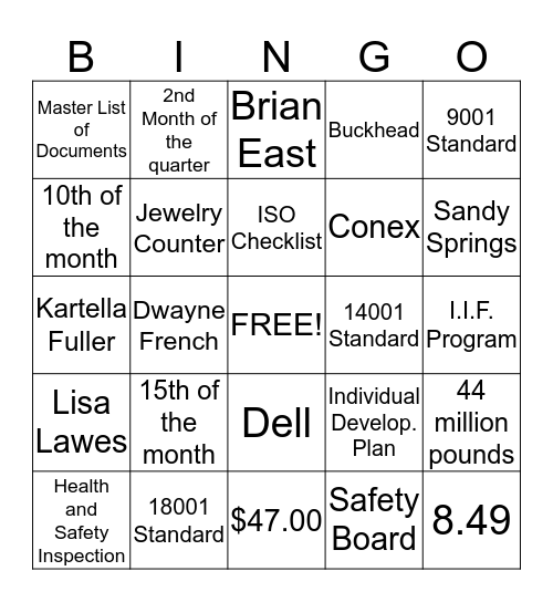 ISO Bingo Card