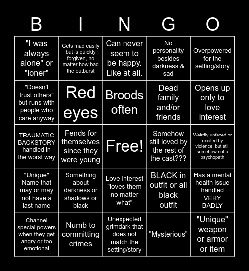 Edgy Character Bingo Card