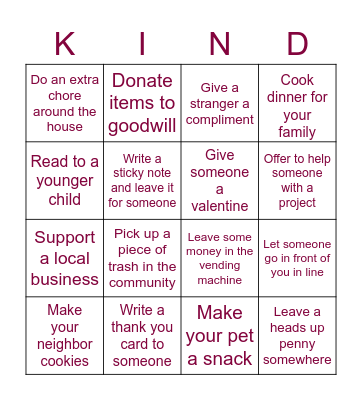 Kindness Month Bingo Card