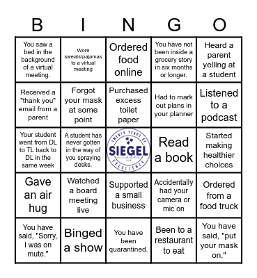 Siegel Middle School Bingo Card