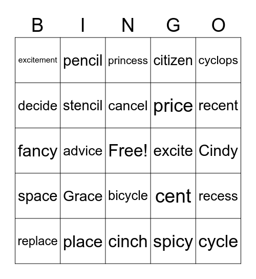 Letter C - Says S - e, i, y Bingo Card