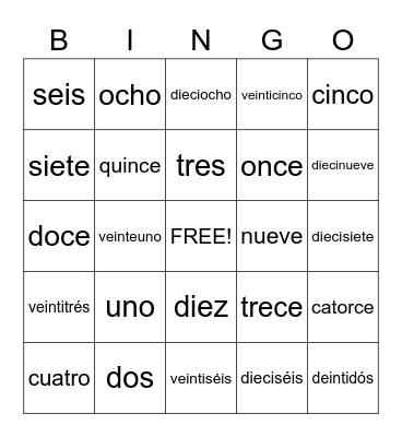 Spanish Number Bingo Card