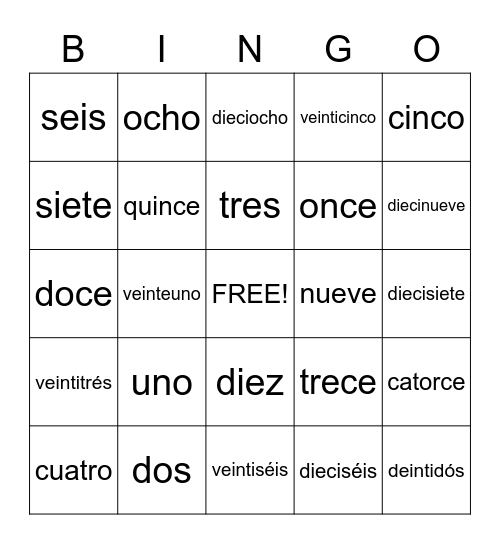 Spanish Number Bingo Card