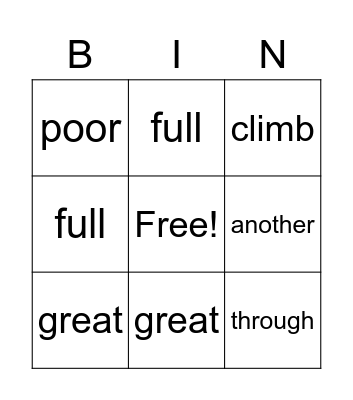 Vocabulary Bingo Card