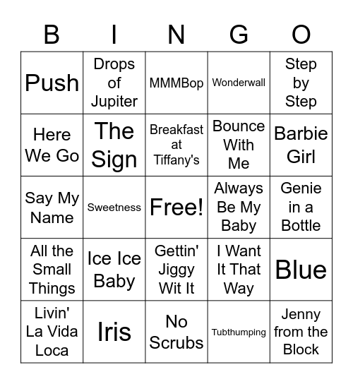 90s Music BINGO Card