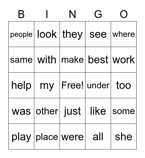 Sight Word Bingo Card