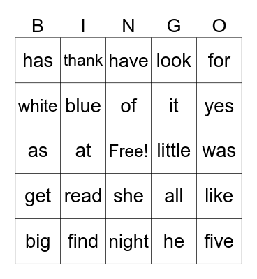 Sight Words Bingo Card