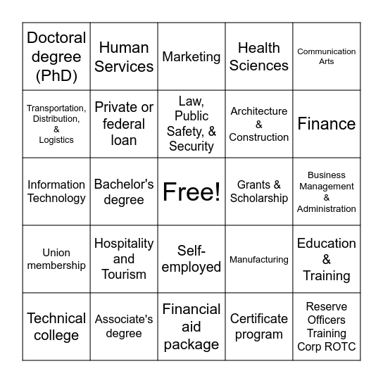 College, Career, and Vocations Bingo Card