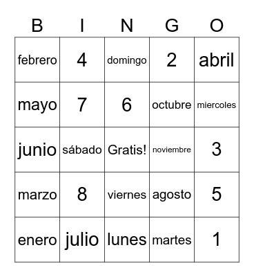 Dias, Meses, y numeros Bingo Card