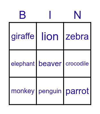 Animals Bingo Card