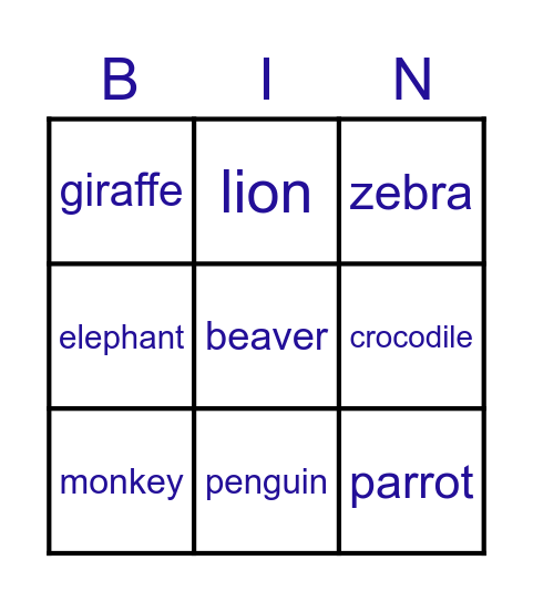 Animals Bingo Card