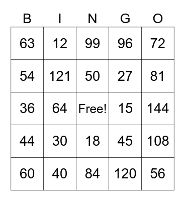 Multiplication Bingo Card