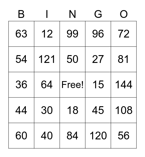 Multiplication Bingo Card