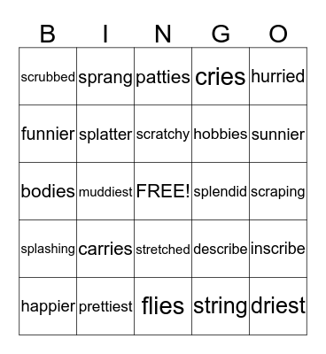 Endings -es, -ed, -er, -est; Spelling change y to i Bingo Card