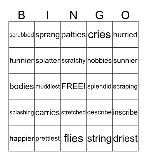 Endings -es, -ed, -er, -est; Spelling change y to i Bingo Card