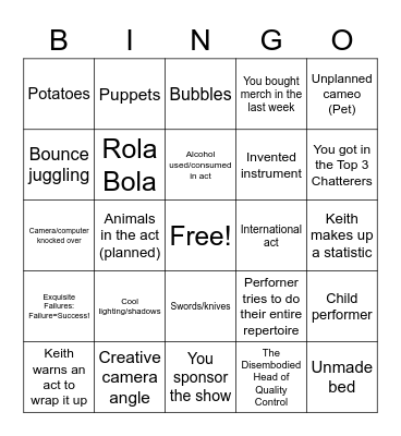 Bindlestiff Open Stage Variety Show Bingo Card