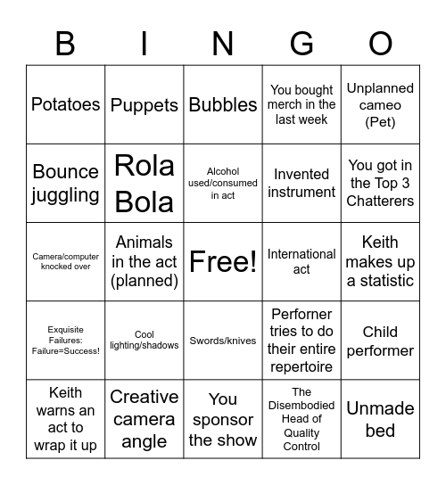 Bindlestiff Open Stage Variety Show Bingo Card