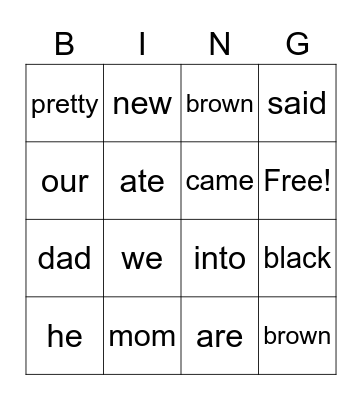 Sight Words Bingo Card