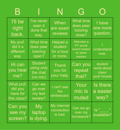 Peer Tutoring Bingo Card