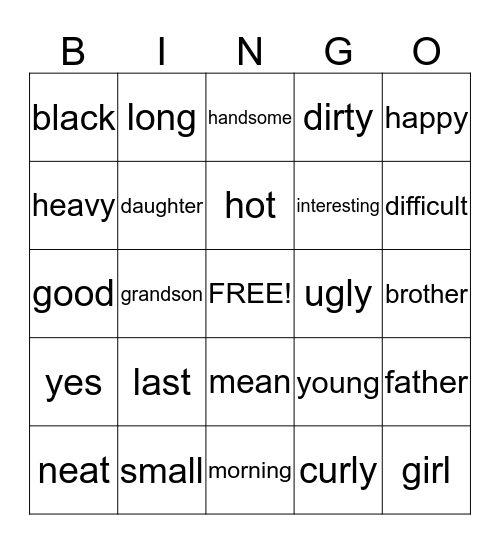 Antonym Bingo Card