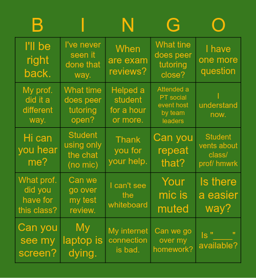 Peer Tutoring Bingo Card