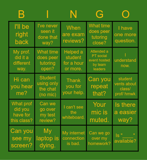 Peer Tutoring Bingo Card