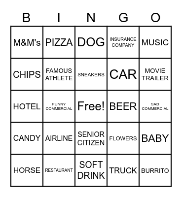 Super Bowl Commercial Bingo Card