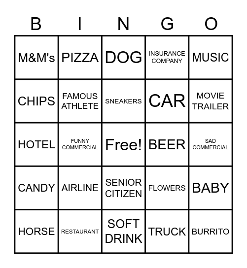 Super Bowl Commercial Bingo Card