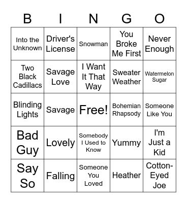 Song Identification Bingo Card