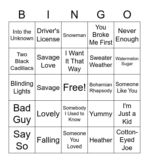 Song Identification Bingo Card