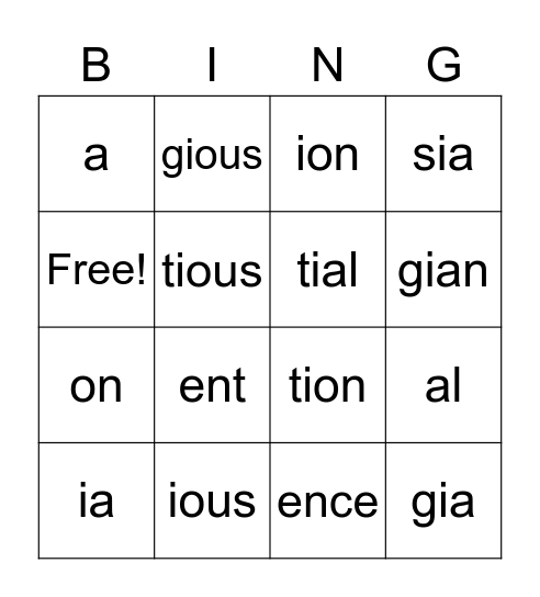 Endings Grid Bingo Card