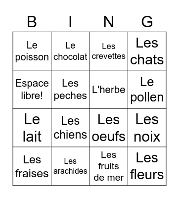 Les allergies Bingo Card