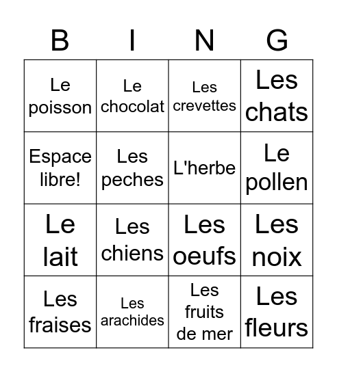 Les allergies Bingo Card