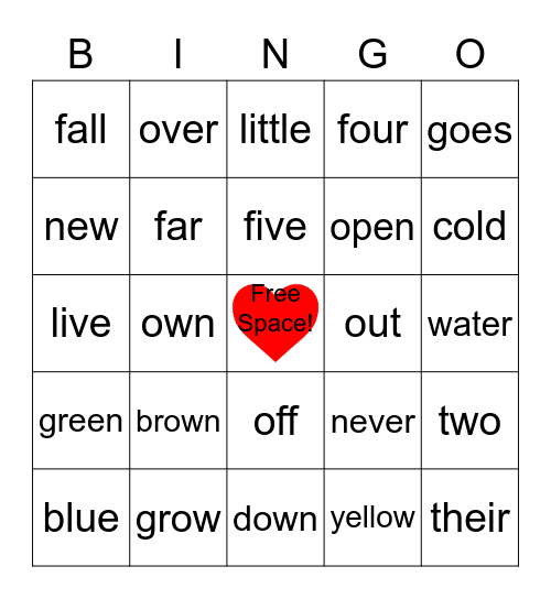 Valentine's Day Sight Words Bingo Card