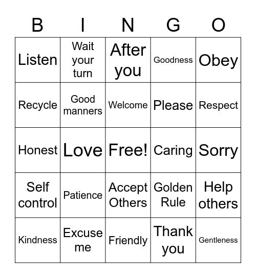 Manners Bingo Card