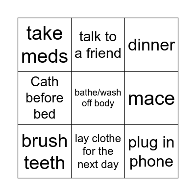 evening routine Bingo Card