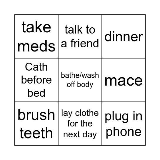 evening routine Bingo Card