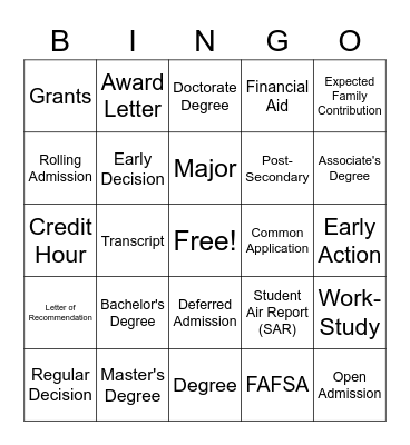 College Vocabulary Bingo Card