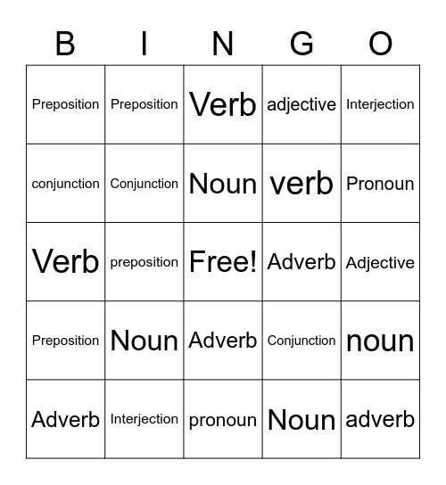 Parts of Speech Bingo Card