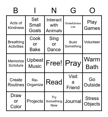 Positive Mental Health Activities Bingo Card