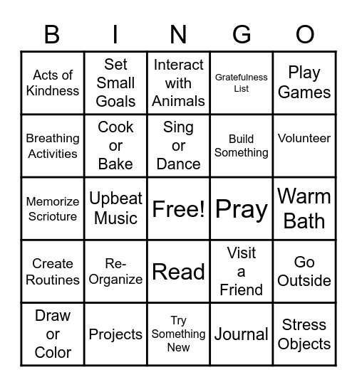 Positive Mental Health Activities Bingo Card