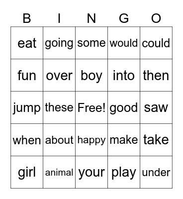 Sight Word Bingo Card