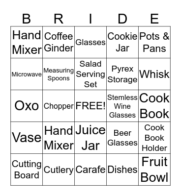 Sandy's Bridal Shower Bingo Card