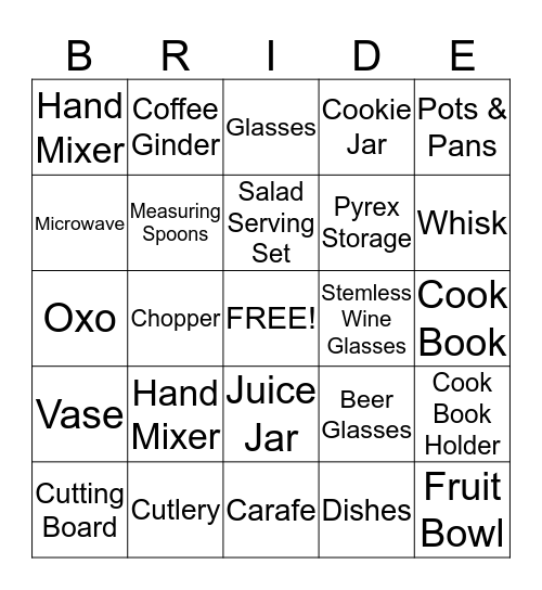 Sandy's Bridal Shower Bingo Card