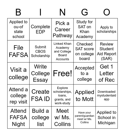 College Prep Bingo Card