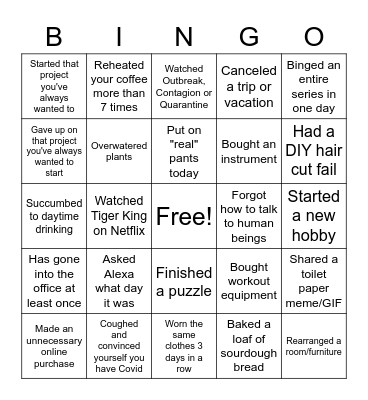 Quarantine Bingo Card